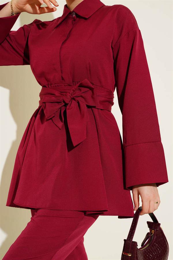 Half Hidden Button Belted 2 Piece Set in Burgundy