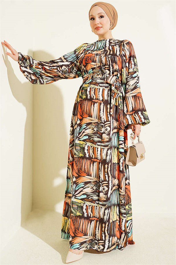 Half-Plated Patterned Dress, Coffee