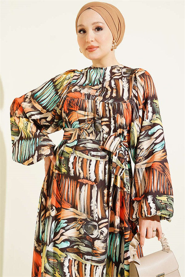 Half-Plated Patterned Dress, Coffee
