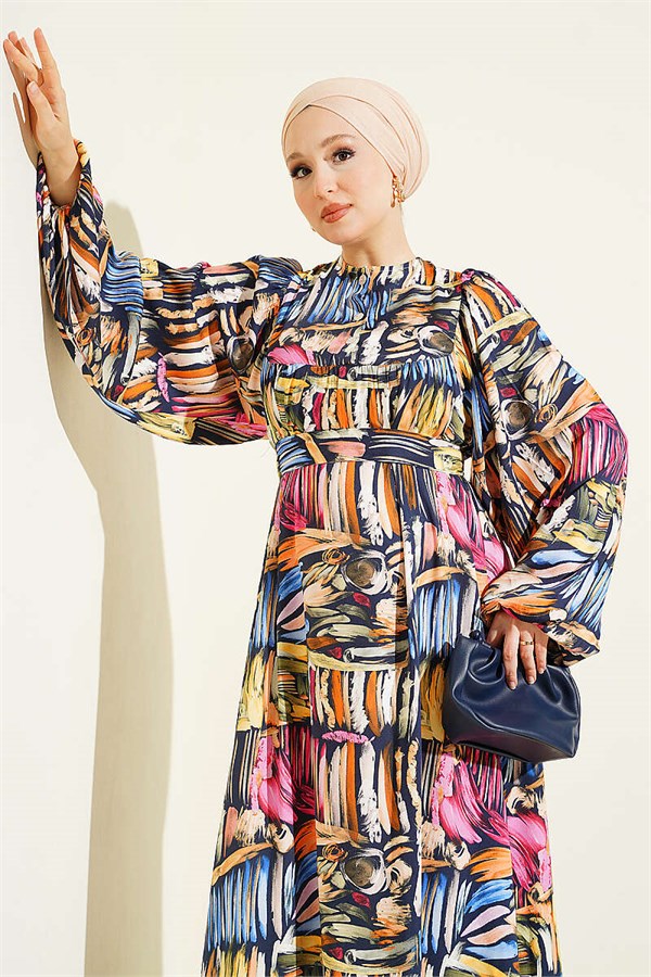Half-Plaque Patterned Dress Navy Blue