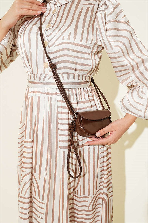 Half-Plaque Patterned Satin Dress, Beige