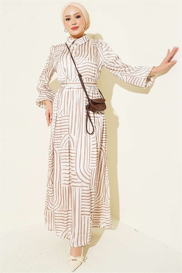 Half-Plaque Patterned Satin Dress, Beige