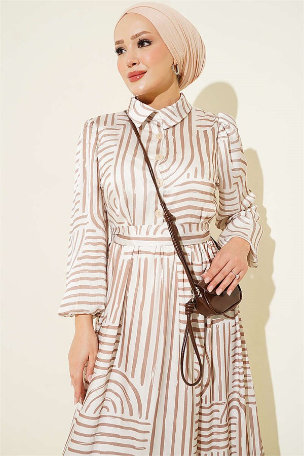 Half-Plaque Patterned Satin Dress, Beige