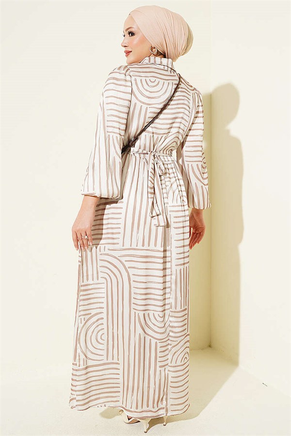 Half-Plaque Patterned Satin Dress, Beige