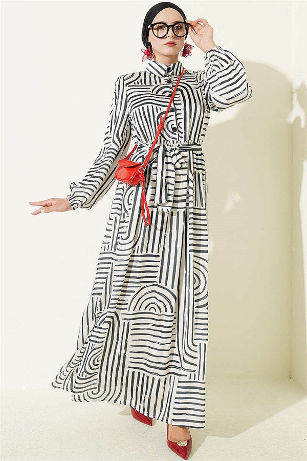 Half-Plaque Patterned Satin Dress, Black