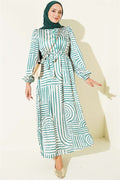 Half-Plaque Patterned Satin Dress Green