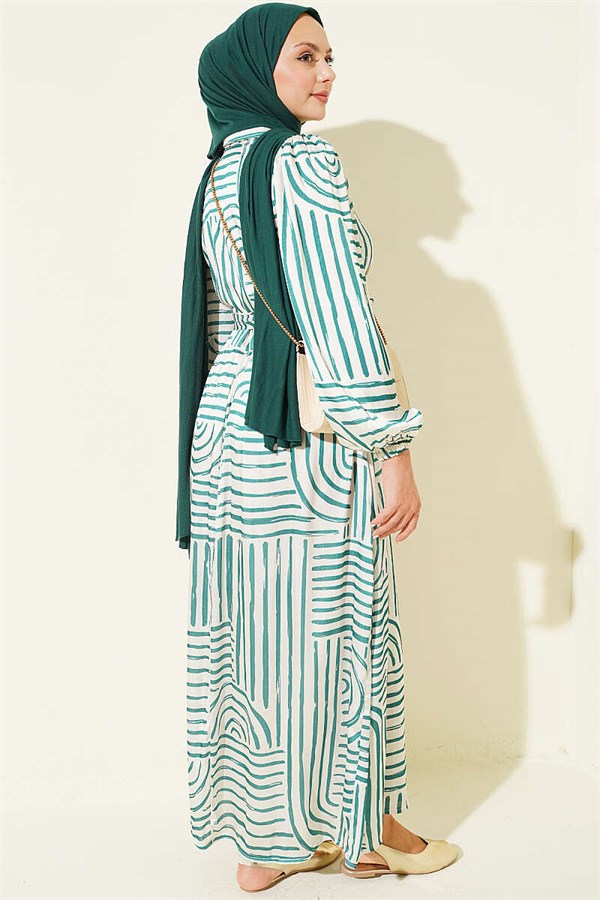 Half-Plaque Patterned Satin Dress Green