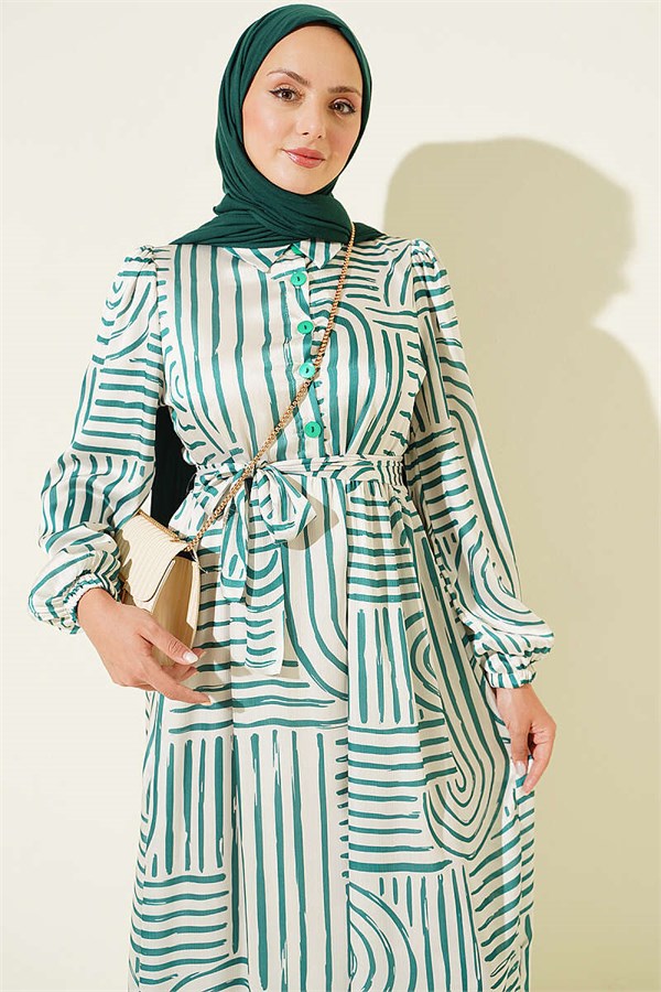 Half-Plaque Patterned Satin Dress Green
