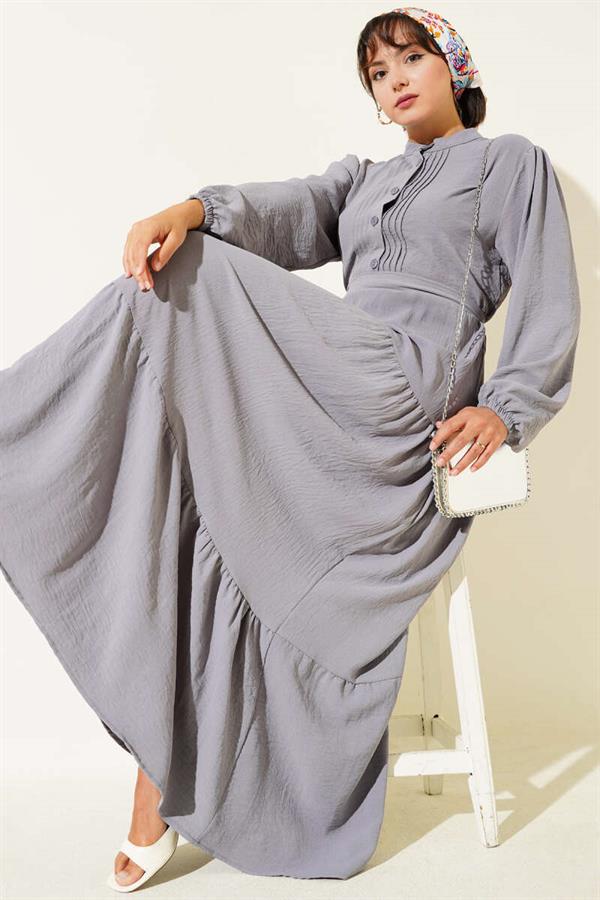Half Pleated Buttoned Dress Gray