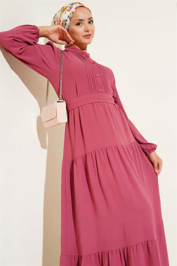 Half Pleated Buttoned Dress Dusty Rose