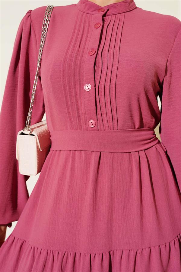 Half Pleated Buttoned Dress Dusty Rose