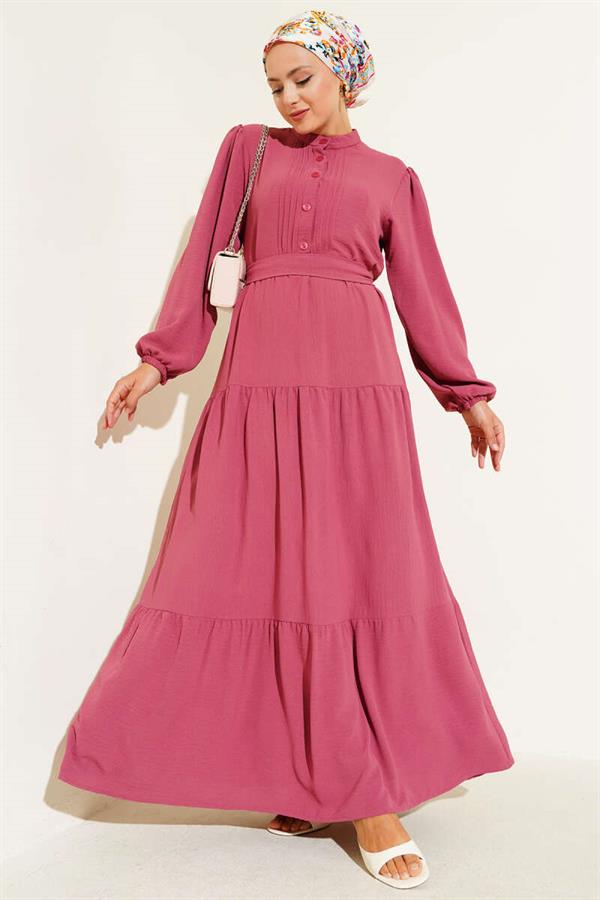 Half Pleated Buttoned Dress Dusty Rose