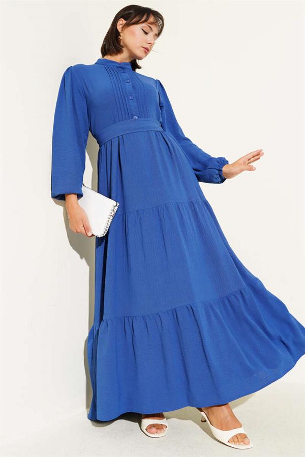 Half Pleated Buttoned Dress Indigo