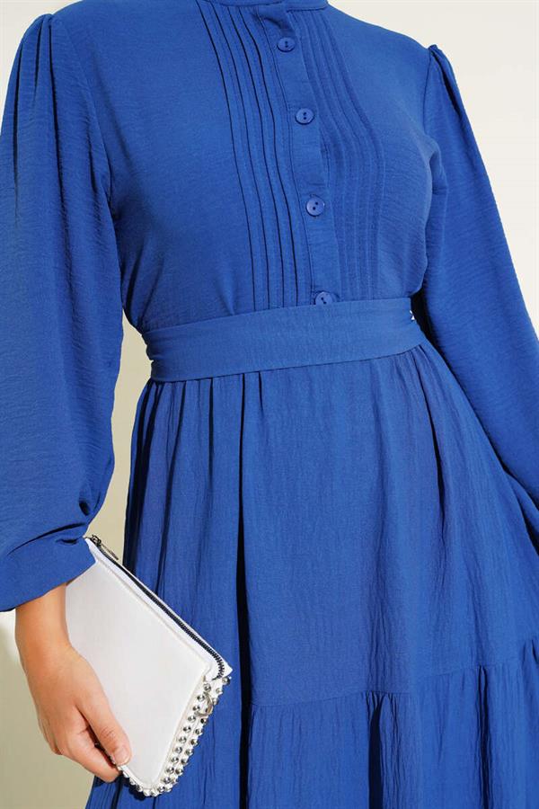 Half Pleated Buttoned Dress Indigo