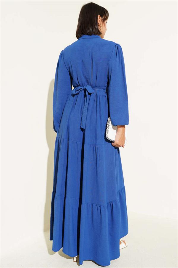 Half Pleated Buttoned Dress Indigo