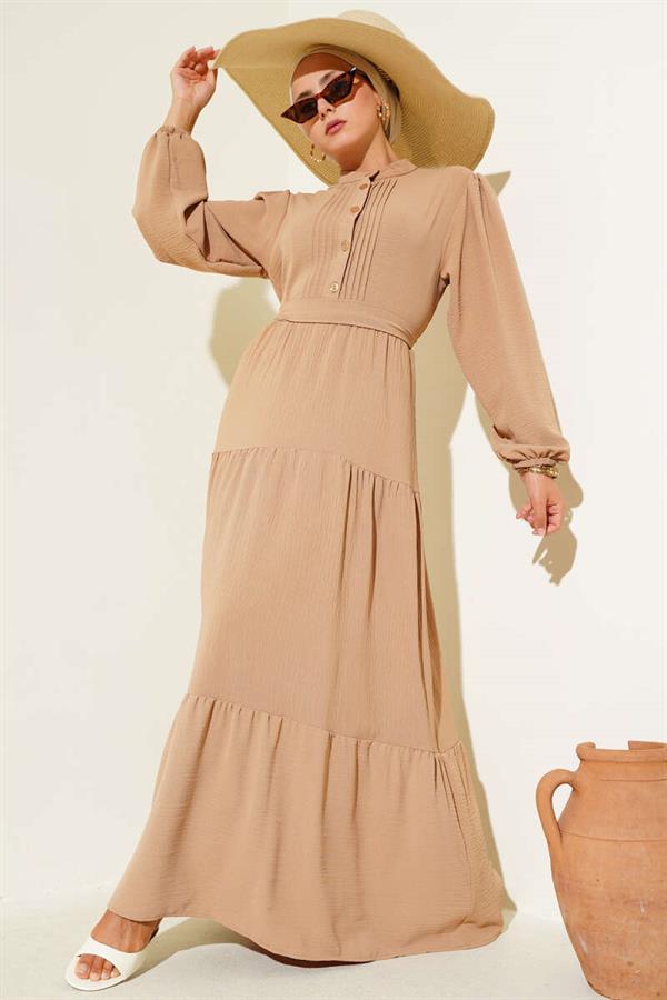 Half Pleated Buttoned Dress Latte