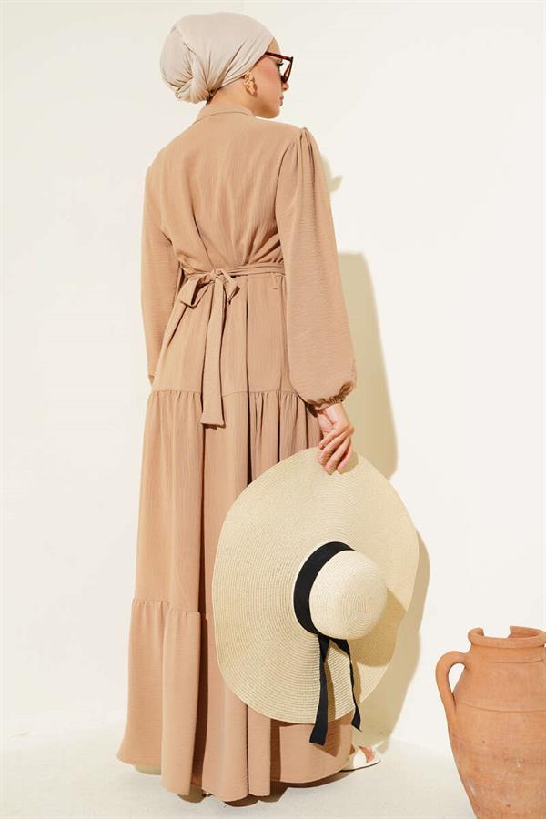Half Pleated Buttoned Dress Latte