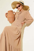 Half Pleated Buttoned Dress Latte