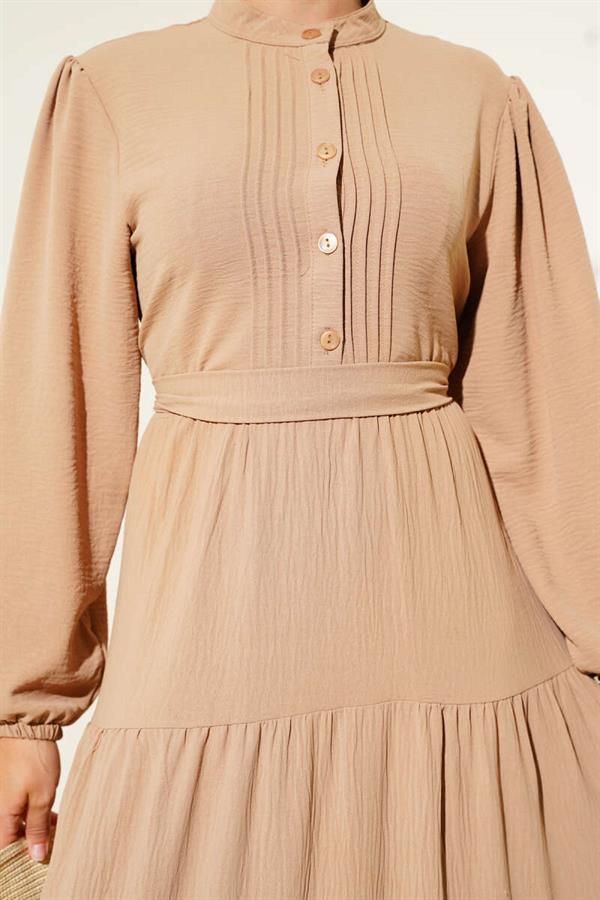 Half Pleated Buttoned Dress Latte