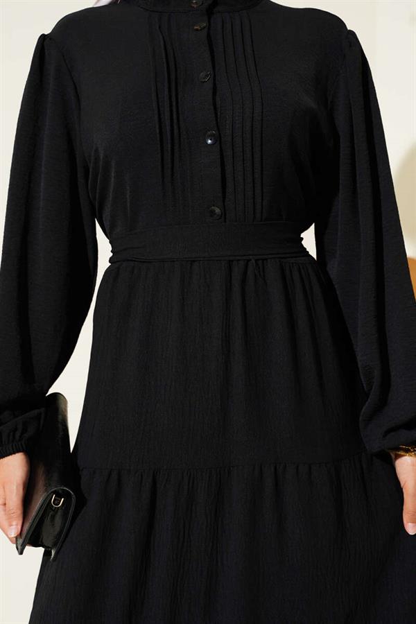 Half Pleated Buttoned Dress Black