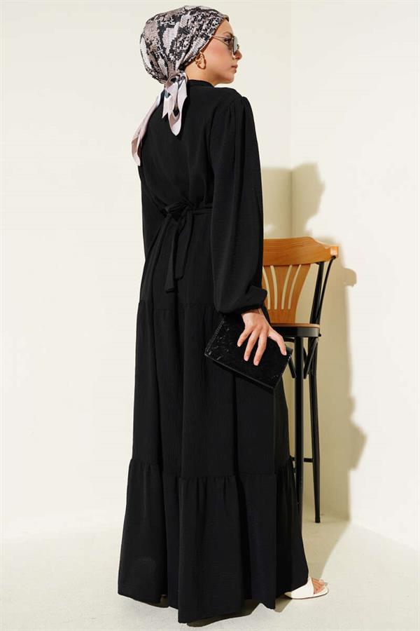 Half Pleated Buttoned Dress Black