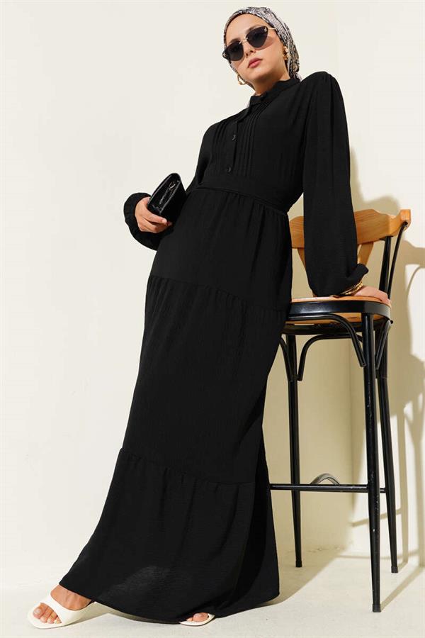 Half Pleated Buttoned Dress Black