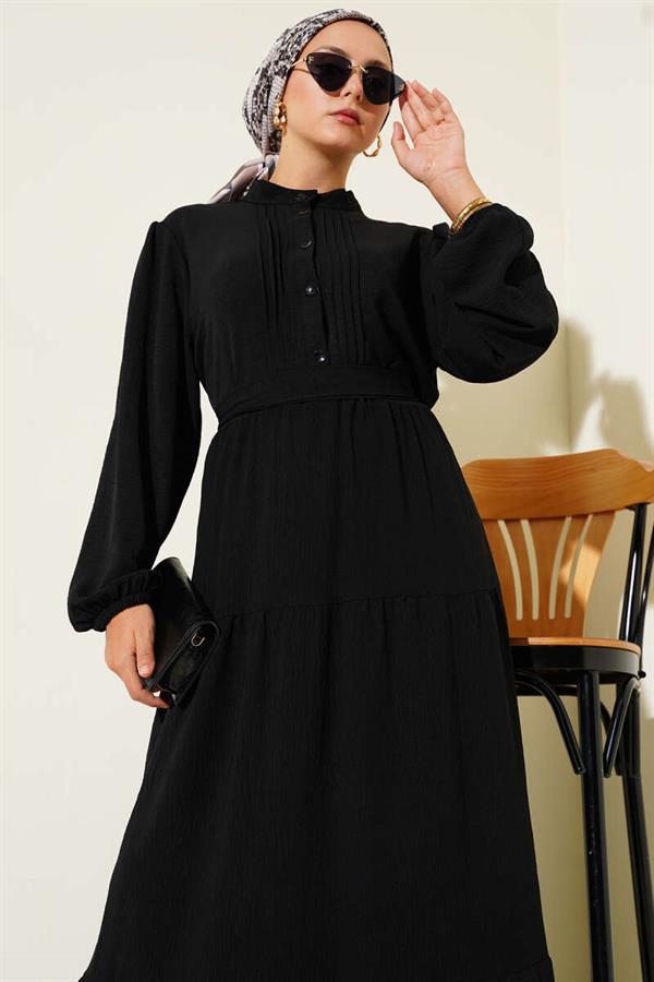 Half Pleated Buttoned Dress Black