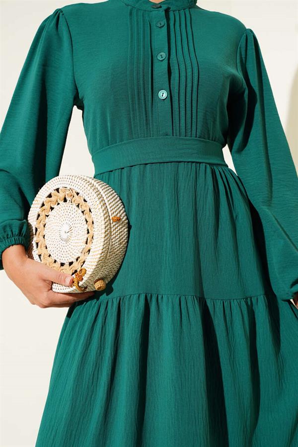 Semi Pleated Buttoned Dress Emerald