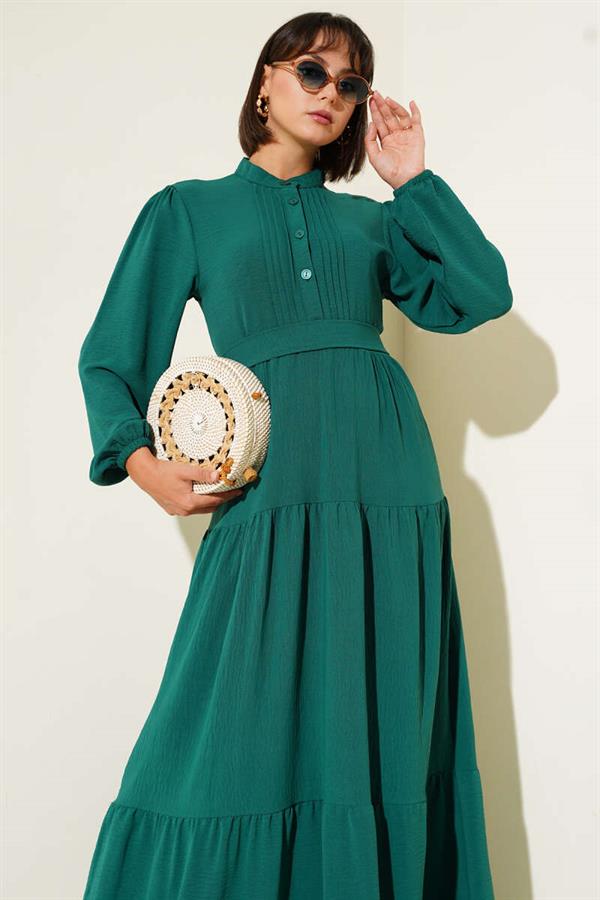 Semi Pleated Buttoned Dress Emerald