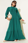 Semi Pleated Buttoned Dress Emerald