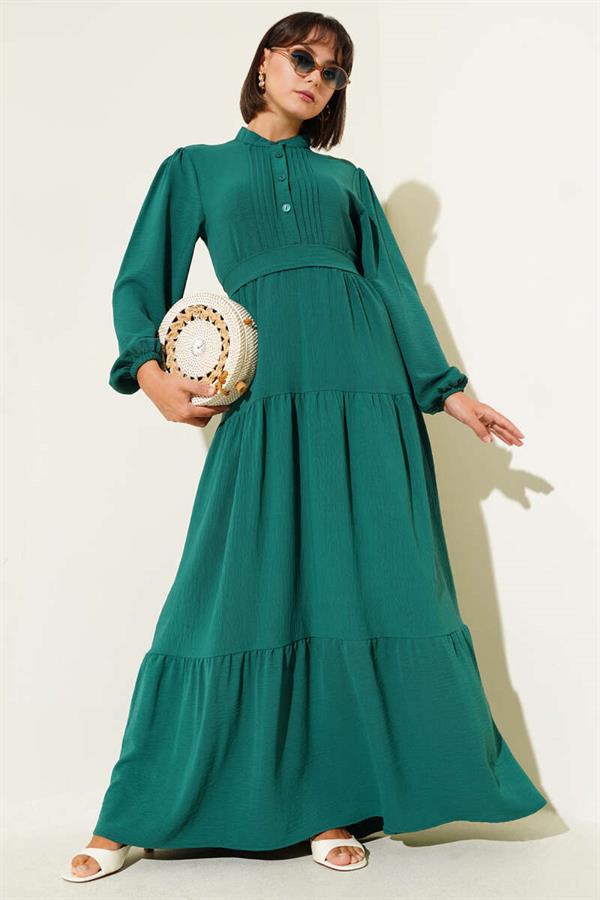 Semi Pleated Buttoned Dress Emerald