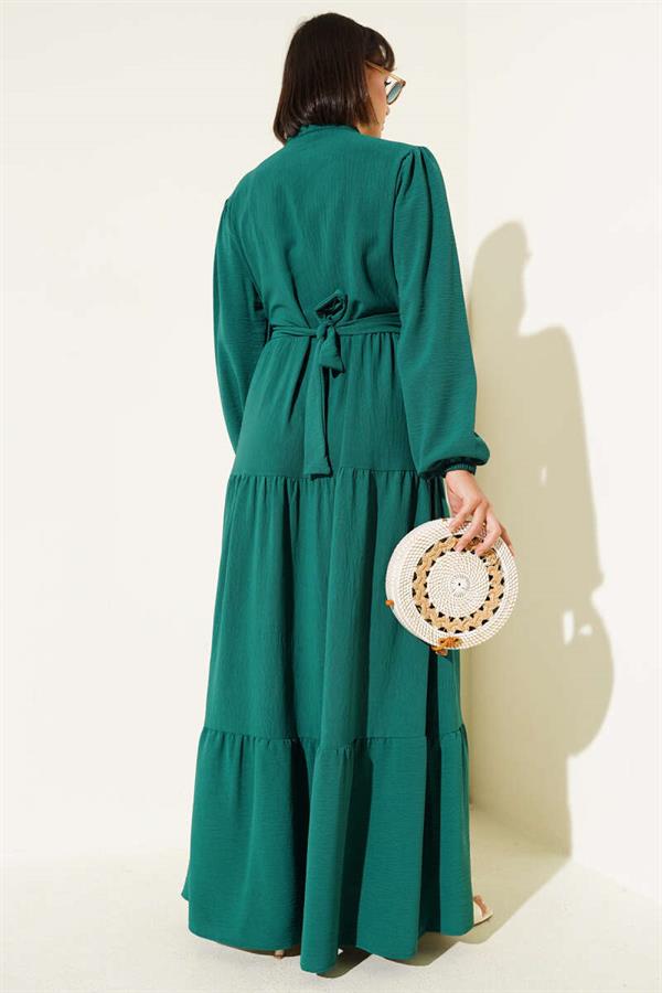 Semi Pleated Buttoned Dress Emerald
