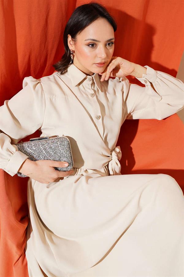 Half Stone Buttoned Tie Dress Beige