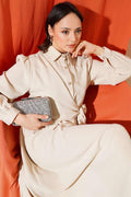 Half Stone Buttoned Tie Dress Beige