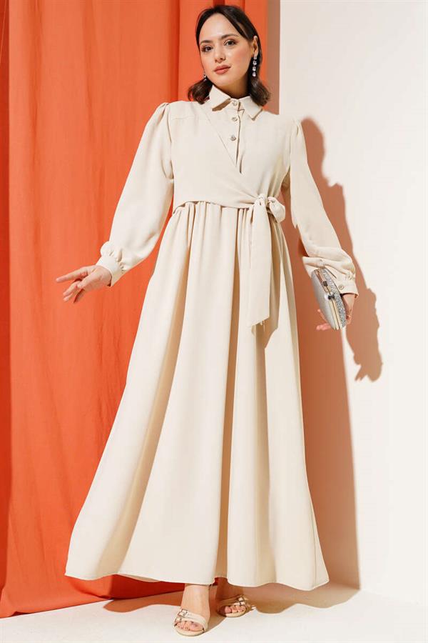 Half Stone Buttoned Tie Dress Beige