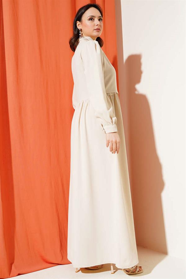 Half Stone Buttoned Tie Dress Beige