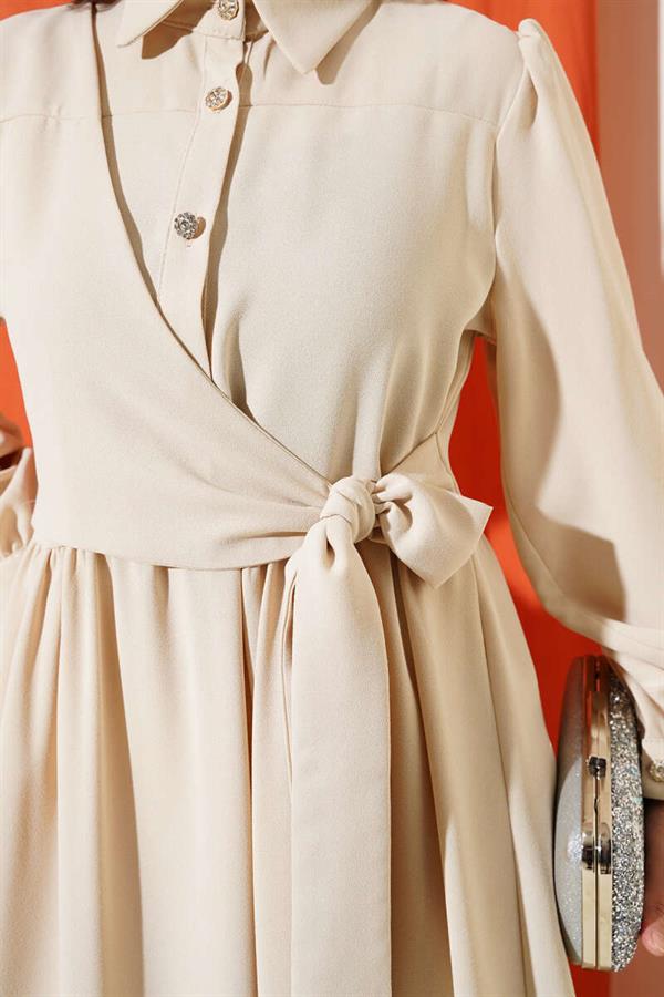 Half Stone Buttoned Tie Dress Beige