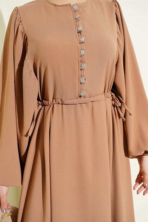 Half-Stone Buttoned Side Lace Dress Sand Beige