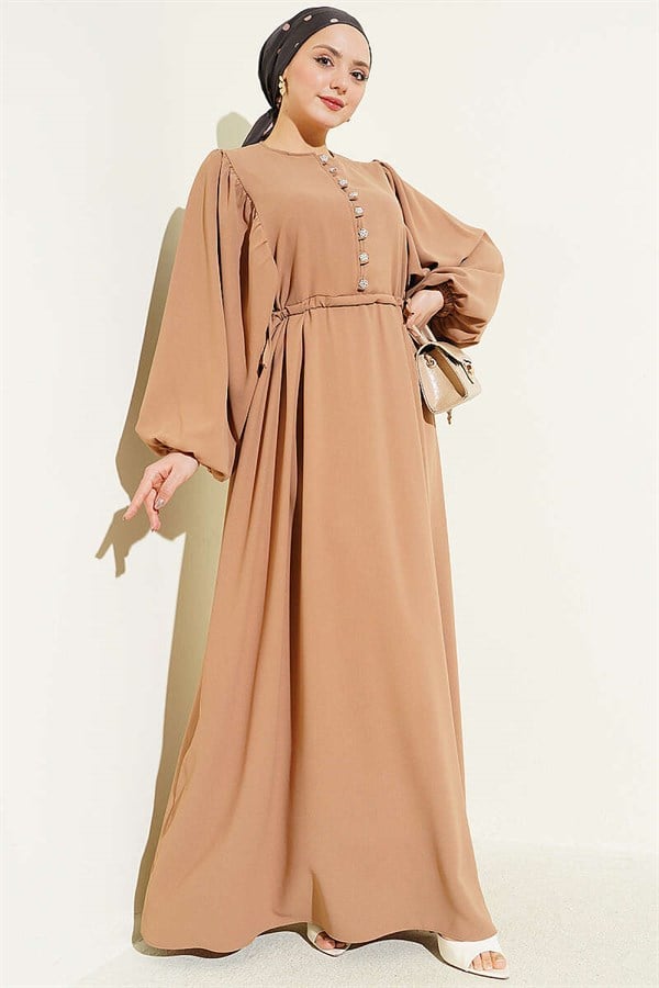 Half-Stone Buttoned Side Lace Dress Sand Beige