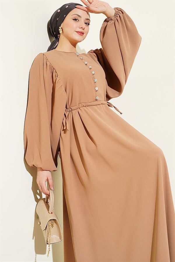 Half-Stone Buttoned Side Lace Dress Sand Beige