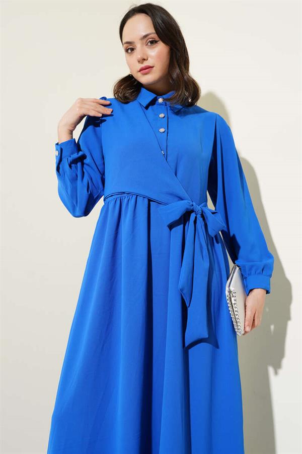 Half Stone Buttoned Side Tie Dress in Saxe