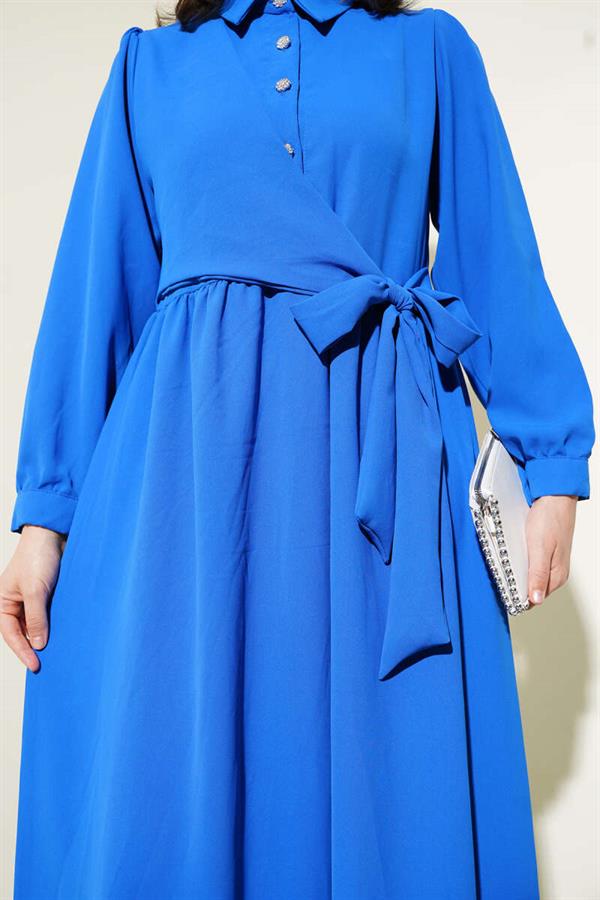 Half Stone Buttoned Side Tie Dress in Saxe