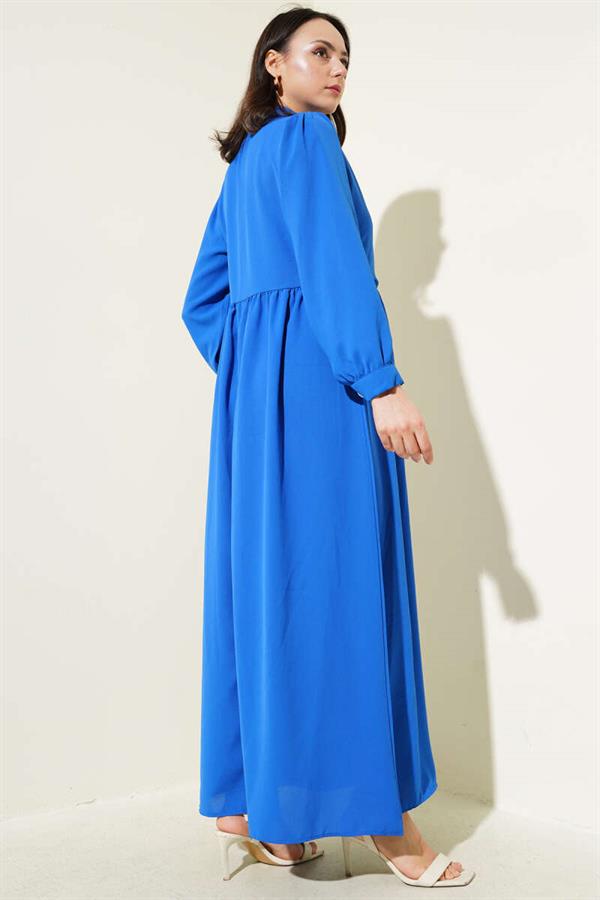 Half Stone Buttoned Side Tie Dress in Saxe