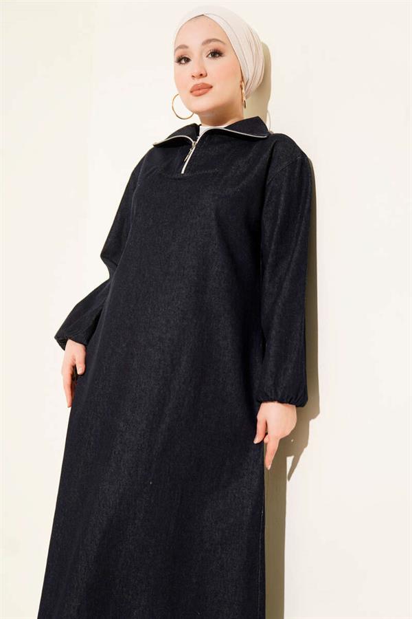 Half-Neck Zip-Up Denim Dress, Navy Blue