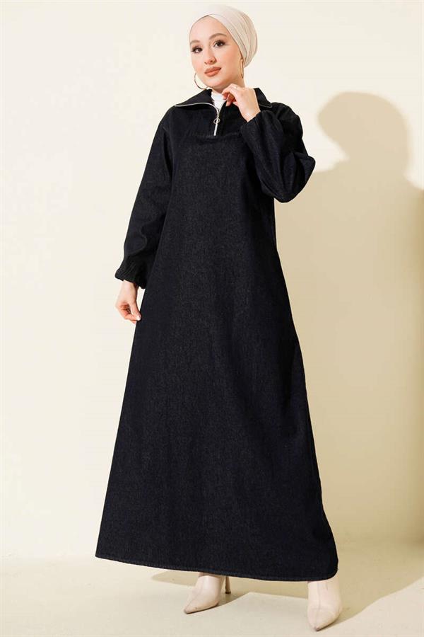Half-Neck Zip-Up Denim Dress, Navy Blue