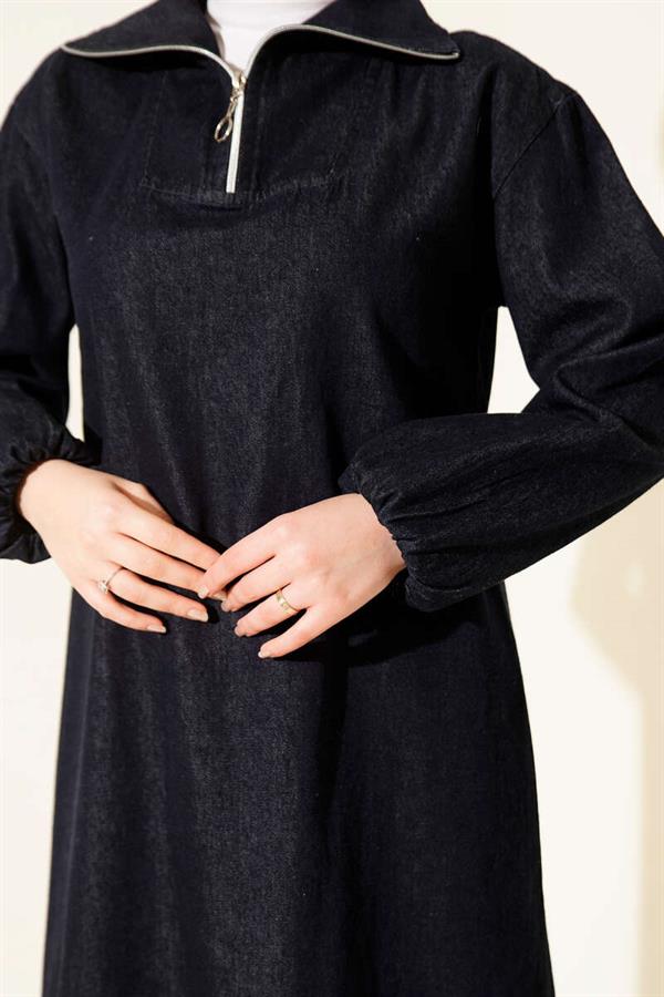 Half-Neck Zip-Up Denim Dress, Navy Blue