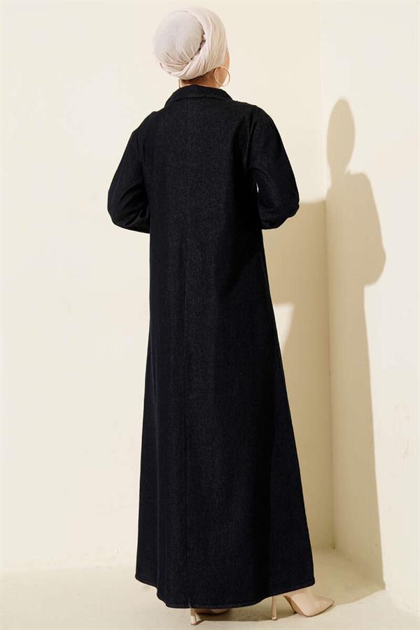 Half-Neck Zip-Up Denim Dress, Navy Blue