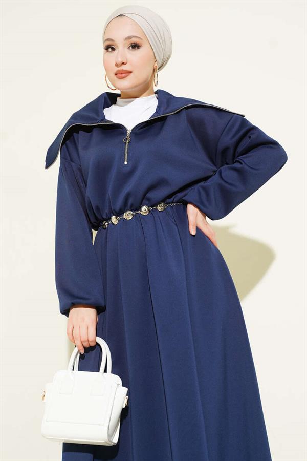 Half-Neck Zip Scuba Dress Navy Blue