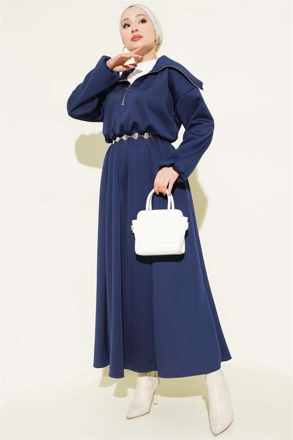 Half-Neck Zip Scuba Dress Navy Blue