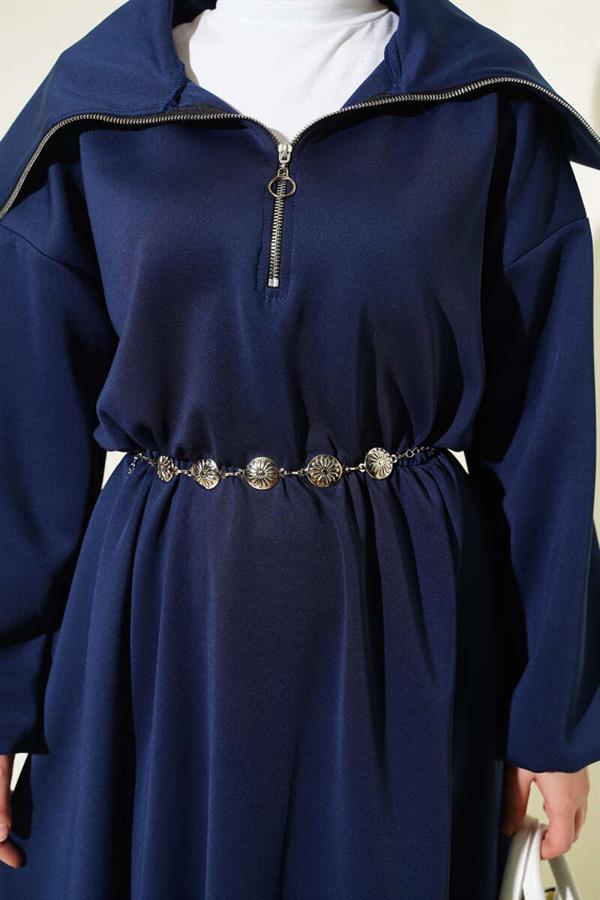 Half-Neck Zip Scuba Dress Navy Blue